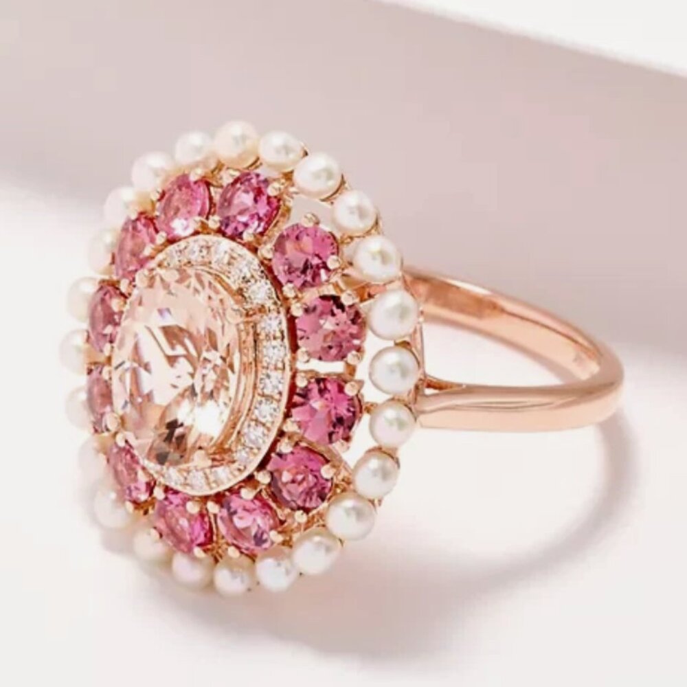 Effy Freshwater Pearl, Morganite, Pink Tourmaline Ring, 14K Rose Gold, Sz 8, QVC